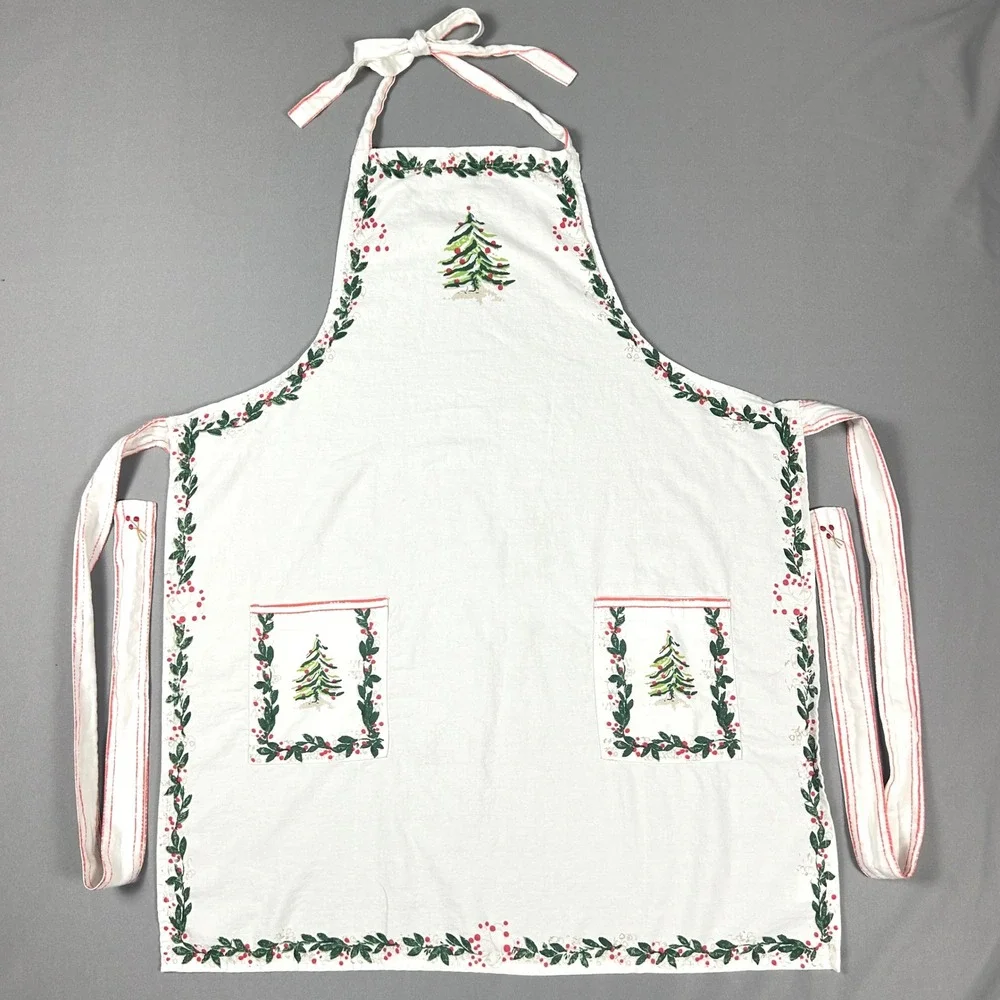 Sur La Table Christmas Apron White Cotton Tree Holly Print 29x36 Holiday Festive